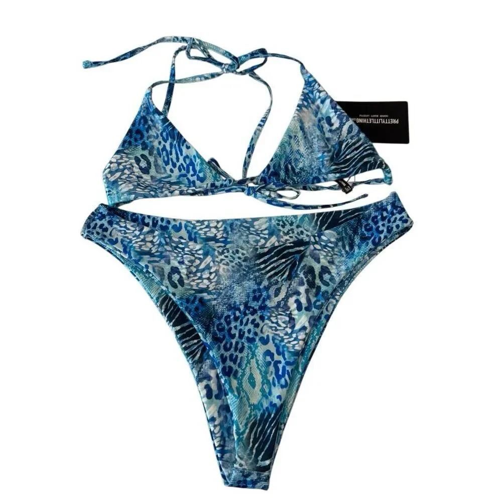 NWT Pretty Little Thing Mixed Animal Print Triangle 2Pc Bikini Set Blue Size 12
